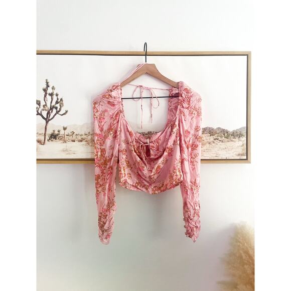 NWT Free People Hilary Pink Floral Long Sleeve Crop Top XS Tie Front Blouse - Picture 2 of 9